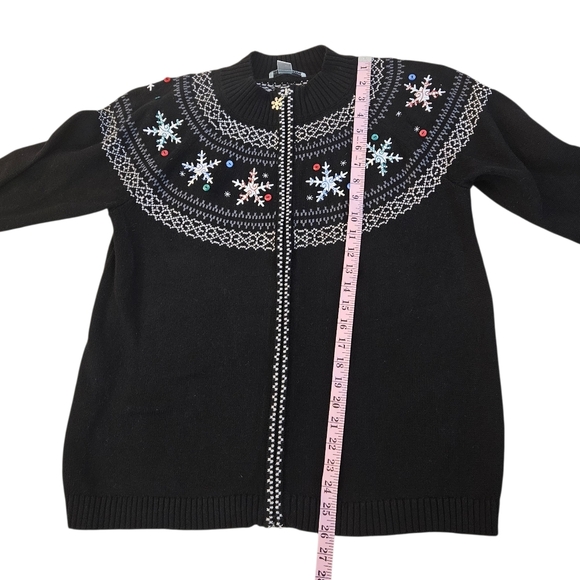 Christopher & Banks Full Zip Cardigan Sweater Snowflakes Fair Isle Large Black - Picture 6 of 9